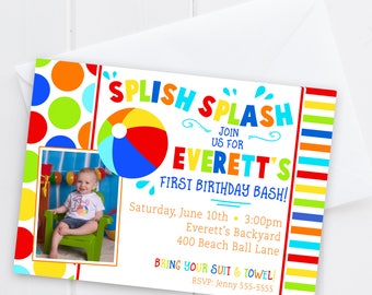 Pool Party Birthday Invitation With Photo - Beach Ball Birthday - Boy First Birthday Invite - Digital/Printable OR Printed & Shipped!
