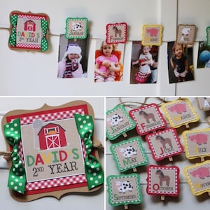 Farm Animals Birthday Photo Banner - 12 Month Photo Banner - Farm Barnyard Birthday Party Photo Banner - Red Farm Birthday Decorations