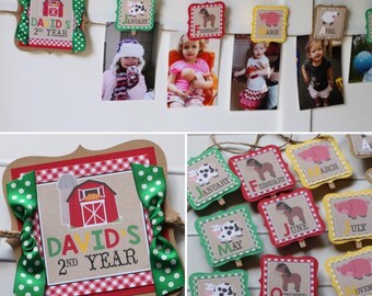 Farm Animals Birthday Photo Banner - 12 Month Photo Banner - Farm Barnyard Birthday Party Photo Banner - Red Farm Birthday Decorations