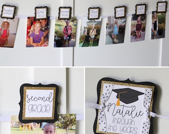 Graduation Photo Banner - Graduation Class of 2024 Party Decorations - Grad Photo Display Through the Years - Black & Gold