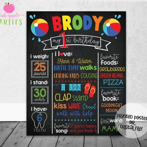 Beach Ball Birthday Chalkboard - First Year Stats with Beach Balls - Pool Party Birthday Chalkboard - Printed Poster OR Digital File