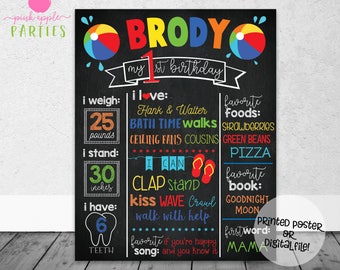 Beach Ball Birthday Chalkboard - First Year Stats with Beach Balls - Pool Party Birthday Chalkboard - Printed Poster OR Digital File