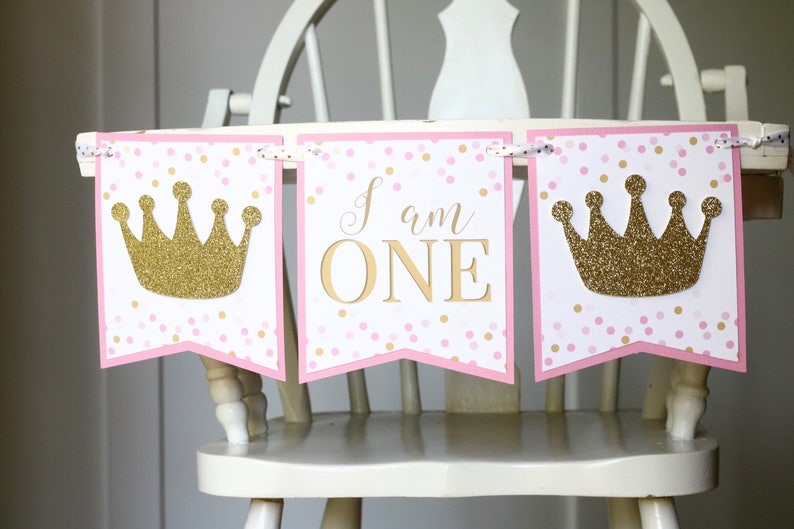Princesa primer cumpleaños trona estandarte rosa y oro princesa cumpleaños alta silla de decoración primera fiesta de cumpleaños decoraciones imagen 1