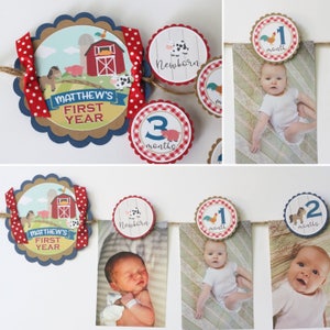 Farm Birthday Photo Banner - 12 Month Photo Banner - Farm Barnyard Birthday Party Photo Banner - Red Farm Birthday Decorations