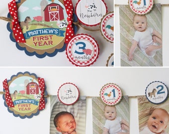 Farm Birthday Photo Banner - 12 Month Photo Banner - Farm Barnyard Birthday Party Photo Banner - Red Farm Birthday Decorations