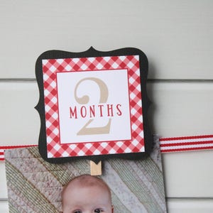 May include: A red and white gingham patterned card with a black border and the number 2 in a tan color. The text "MONTHS" is printed in black below the number. The card is attached to a red and white striped ribbon.