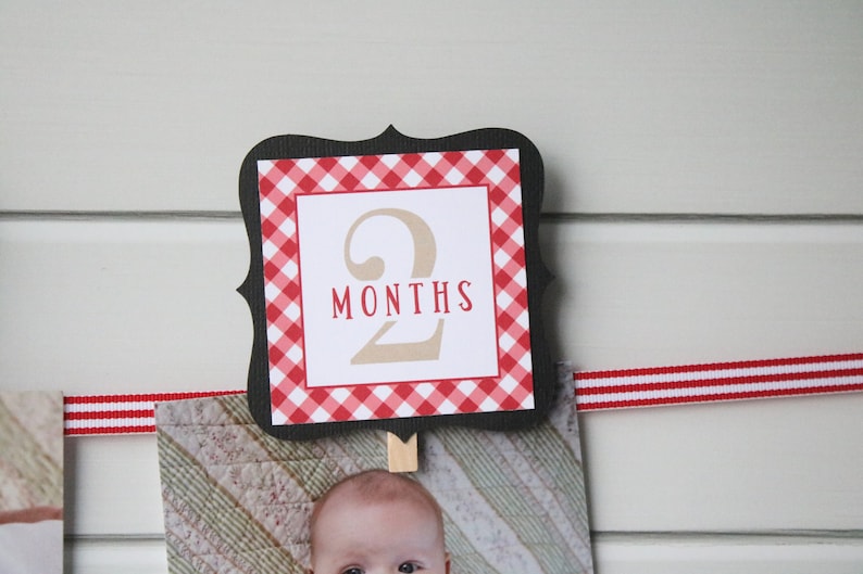 May include: A red and white gingham patterned card with a black border and the number 2 in a tan color. The text "MONTHS" is printed in black below the number. The card is attached to a red and white striped ribbon.
