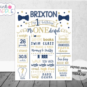 Mr. Onederful Birthday Chalkboard, Navy & Gold Bowtie First Year Stats Milestone Sign, Little Man Birthday - Printed Poster OR Digital File