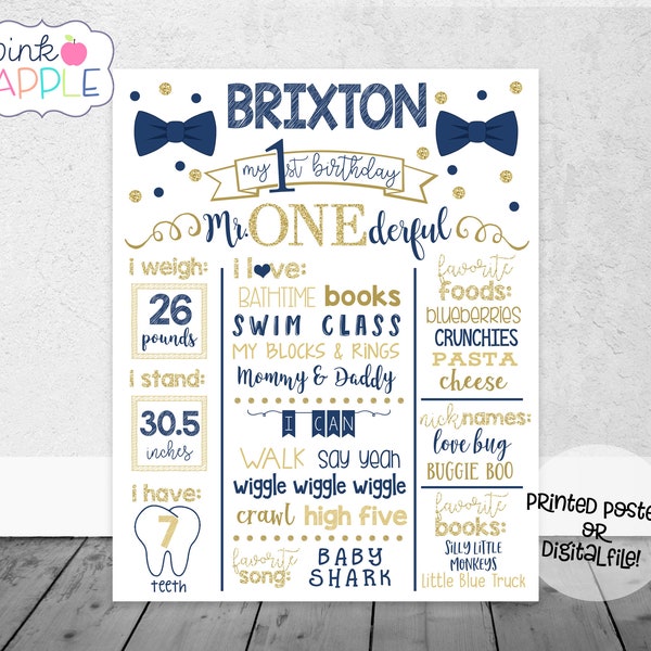 Mr. Onederful Birthday Chalkboard, Navy & Gold Bowtie First Year Stats Milestone Sign, Little Man Birthday - Printed Poster OR Digital File