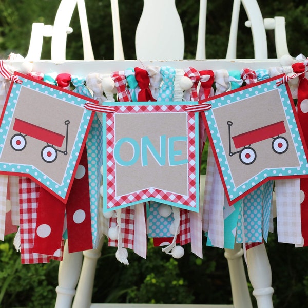 Red Wagon High Chair Fabric Garland, Red & Turquoise Wagon Birthday High Chair Decoration, Wagon Birthday Garland, Wagon First Birthday