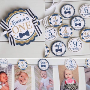 Mr. ONEderful First Birthday Photo Banner, Navy & Gold 12 Month Photo Banner, Little Gentleman Bowtie Mustache First Birthday