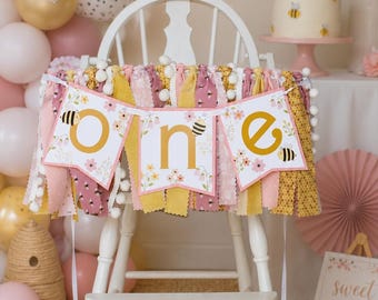 Bee First Birthday High Chair Banner, Bumblebee Fabric Garland, Sweet as can Bee Party Decor, First Bee-Day