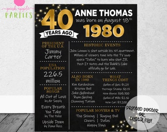 40th Birthday Chalkboard Poster, Back in 1980, 40 Years Ago Decade Poster, Birthday Gift, Milestone Birthday, Printed Poster OR Printable