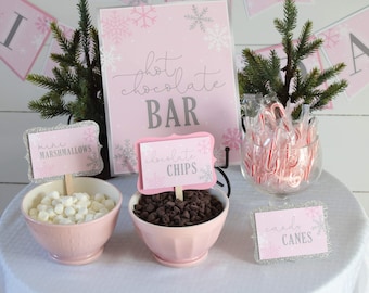 Hot Chocolate Bar Sign + Food Labels, Hot Cocoa Bar Set, Winter Onederland Party Decor, Hot Cocoa Bar Sign, Pink & Silver Snowflake Party