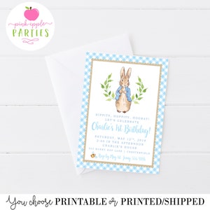 May include: A blue and white gingham patterned invitation with a brown border. The invitation features a watercolour illustration of Peter Rabbit wearing a blue jacket. The text on the invitation reads "Hippity, Hoppity, Hooray! Let's Celebrate Charlie's 1st Birthday!"  The invitation also includes the date, time, and location of the party.