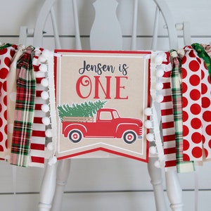 Re Truck Christmas High Chair Banner Fabric Garland, Oh What Fun First Birthday Kraft High Chair Decoration, High Chair Bunting, Red & Green
