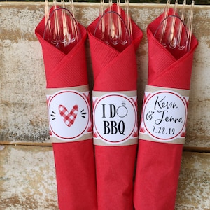 I Do BBQ Wedding Shower Cutlery Sets, Red Gingham BBQ Shower or Rehearsal Dinner Silverware Sets, Napkin Wraps, Cutlery Tags