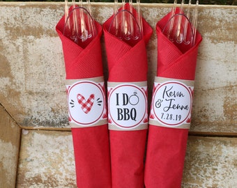 I Do BBQ Wedding Shower Cutlery Sets, Red Gingham BBQ Shower or Rehearsal Dinner Silverware Sets, Napkin Wraps, Cutlery Tags