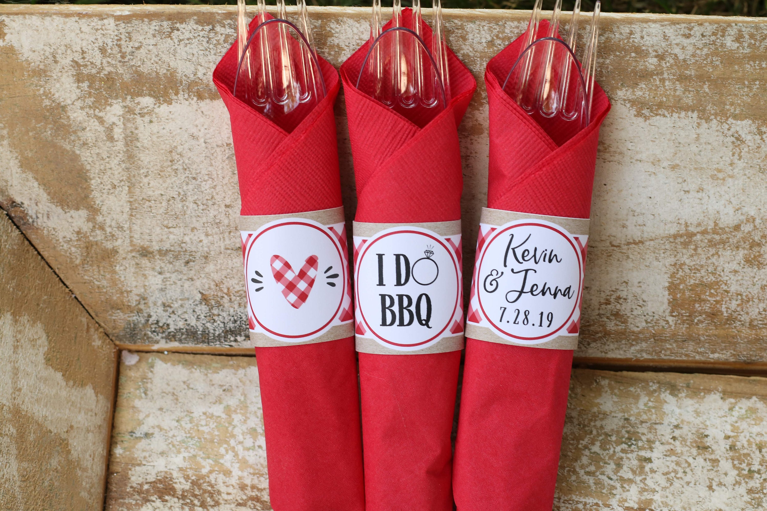 I Do BBQ Wedding Shower Cutlery Sets Red Gingham BBQ Shower or Rehearsal Dinner Silverware Sets Napkin Wraps Cutlery Tags