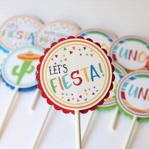 Fiesta Cupcake Toppers - Fiesta Mexicana Fiesta Birthday Party o Baby Shower - Let's Fiesta Birthday Cupcake Picks