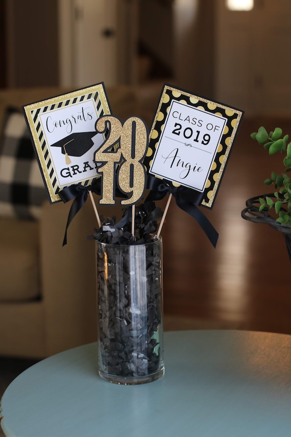 3 Pack Black and Gold Centerpieces for Birthday, Graduation Table