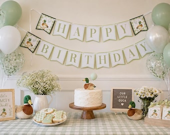 One Lucky Duck Birthday Banner, Mallard Duck Birthday Decorations, Happy Birthday Banner, Green Gingham Party Decor
