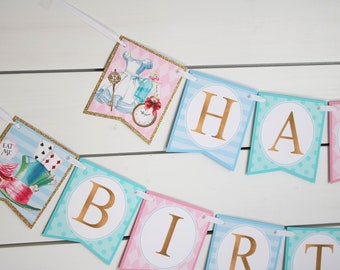 Alice in Onederland Birthday Banner, Alice in Wonderland First Birthday Decorations, Happy Birthday Banner, Pastel Tea Party