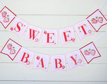 Strawberry Baby Shower Banner, Berry Sweet Baby Shower Decor, Summer Baby Shower Decorations, Pink Gingham, Pink Strawberry Shower