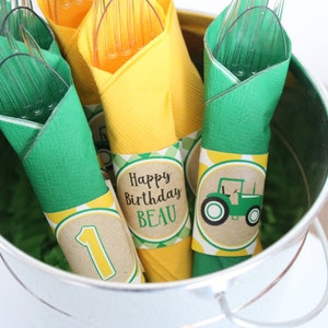 Green Tractor Birthday Cutlery Sets, Tractor First Birthday Silverware Sets, Napkin Wraps, Cutlery Tags, Silverware Bundles