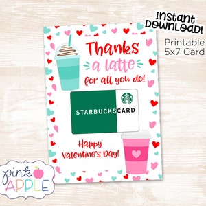 Thanks A Latte Teacher Valentine Card, Coffee Teacher Valentine, Gift Card Valentine, Instant Download Printable Teacher Card