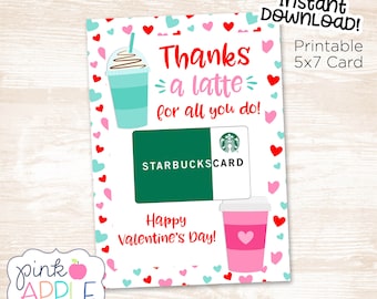 Thanks A Latte Teacher Valentine Card, Coffee Teacher Valentine, Gift Card Valentine, Instant Download Printable Teacher Card