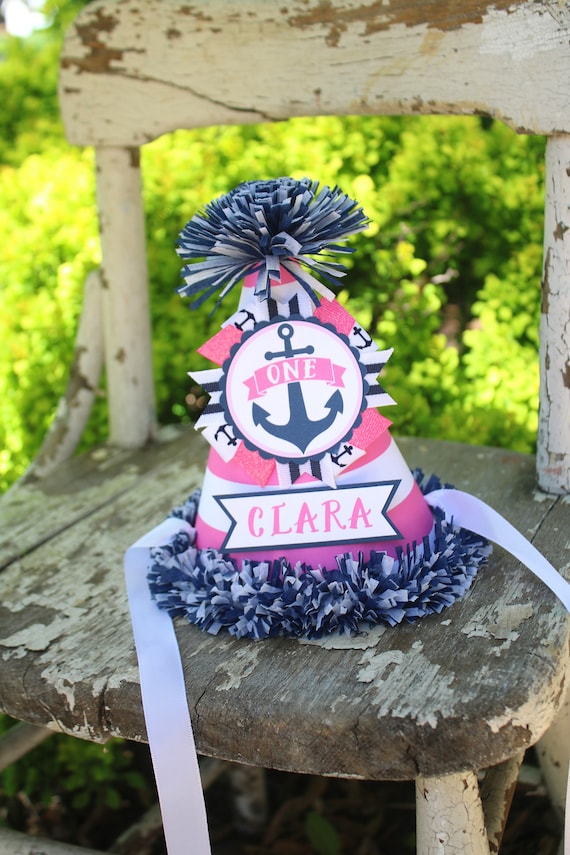 Nautical Girl Birthday Party Hat Nautical Pink Navy Birthday Girl