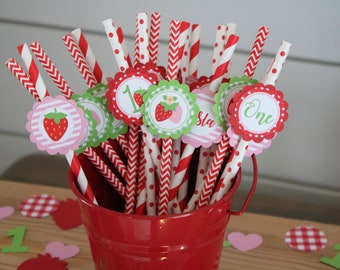 Strawberry Party Straws with Tags, Berry First Birthday Straws, Strawberry Party Decor, Red Paper Straws with Tags, Party Decorations