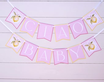 Ciao Baby! Shower Banner, Italian Mediterranean Tile Baby Shower Decor, Lemons Amalfi Coast Summer Baby Shower Decorations, Pink & Yellow