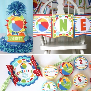 Beach Ball FIRST BIRTHDAY Package - High Chair Banner, Monthly Photo Banner, Party Hat