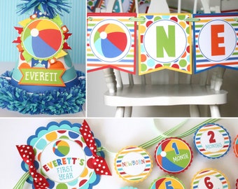 Beach Ball FIRST BIRTHDAY Package - High Chair Banner, Monthly Photo Banner, Party Hat
