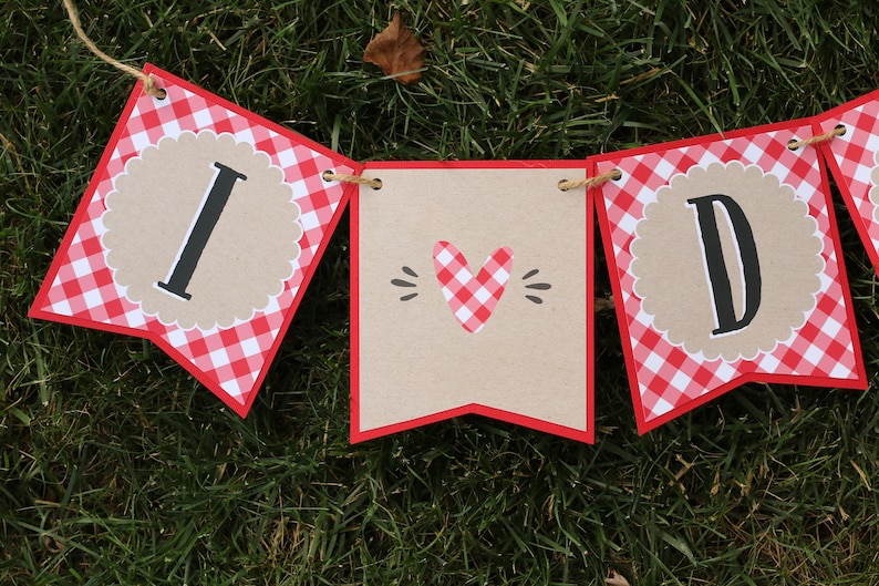 May include: Red and white gingham banner with the words "I love D" in black letters. The banner is strung with twine and has a heart-shaped design in the middle.