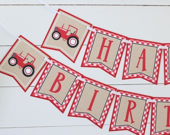 Tractor Birthday Banner, Red Tractor Farm Birthday Decorations, Tractor Farm Party, Red Gingham, Tractor Boy Birthday