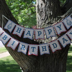 Vintage Train Birthday Banner - Choo Choo Train Birthday Decorations Fully Assembled - Red Blue Train Party Decorations image 4