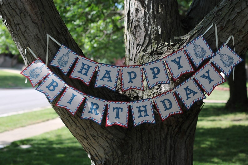 Vintage Train Birthday Banner - Choo Choo Train Birthday Decorations Fully Assembled - Red Blue Train Party Decorations image 4