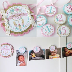 Wild One Birthday Photo Banner - 12 Month Photo Banner - Wild One Birthday Party Photo Banner - Pink, Gold, Turquoise