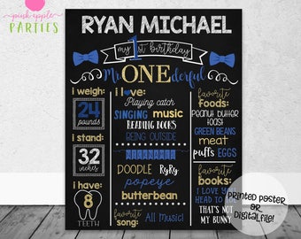 M. ONEderful Birthday Chalkboard - First Year Stats Chalkboard - Little Man Milestone Chart - Affiche imprimée OU Fichier numérique