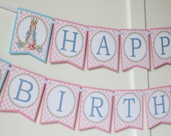 Peter Rabbit Girl Birthday Banner - Pink Bunny Birthday Decorations Fully Assembled - Spring Bunny Baby Shower Banner