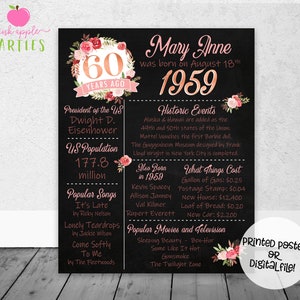 60th Floral Chalkboard Poster, Back in 1959, 60 Years Ago Poster, 60th Birthday Gift for Her, Milestone Birthday Printed Poster OR Printable image 1