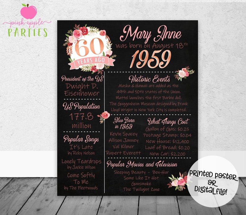 60th Floral Chalkboard Poster, Back in 1959, 60 Years Ago Poster, 60th Birthday Gift for Her, Milestone Birthday Printed Poster OR Printable image 1