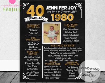 40th Birthday Poster with Photo, Back in 1980, 40 Years Ago Decade Poster, Birthday Gift, Milestone Birthday, Printed Poster OR Printable
