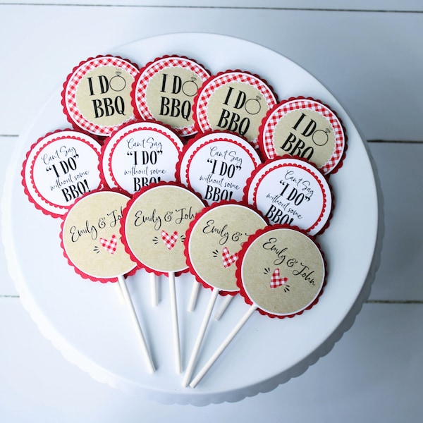 I Do BBQ Cupcake Toppers, Barbeque Bridal Shower Couples Shower Decor, BBQ Red Gingham Cupcake Sticks, Picnic Bridal Shower