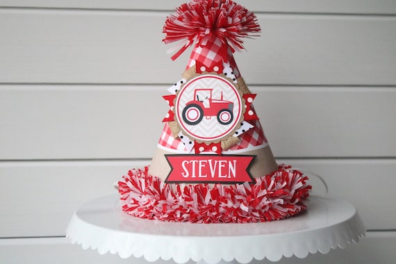 Red Tractor Birthday Party Hat - Tractor Farm Birthday - Boy Birthday - Tractor Birthday Party Decorations