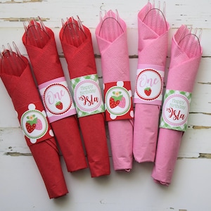 Strawberry Birthday Cutlery Sets, Berry First Birthday Silverware Sets, Napkin Wraps, Cutlery Tags, Silverware Bundles