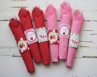 Strawberry Birthday Cutlery Sets, Berry First Birthday Silverware Sets, Napkin Wraps, Cutlery Tags, Silverware Bundles